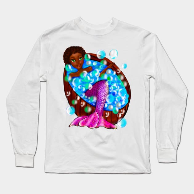 Mermaid spa day- Black anime mermaid in bubble bath. Pretty black girl with Afro hair, green eyes, Cherry pink lips and dark brown skin. Hair love ! Long Sleeve T-Shirt by Artonmytee